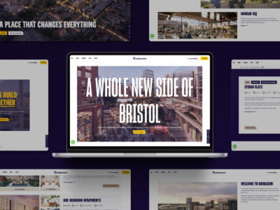 Collage of Brabazon Bristol website pages, with a central laptop screen showing a new urban development and the headline “A Whole New Side of Bristol,” surrounded by additional property and apartment listings on a dark background.