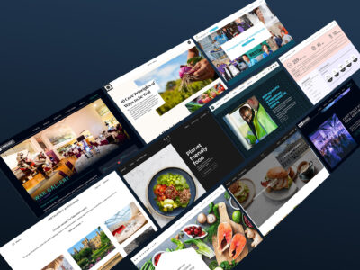 A collage of various restaurant, food, and event website homepages displayed at an angled perspective on a dark blue gradient background.