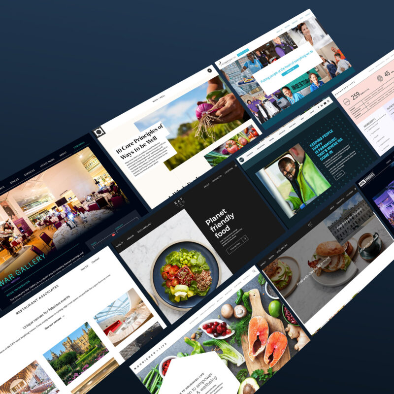 A collage of various restaurant, food, and event website homepages displayed at an angled perspective on a dark blue gradient background.