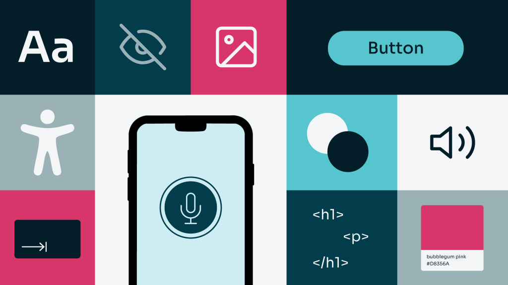 a colourful graphic with various accessibility icons including the letter A, a button with a label of “button,” a colour from Fanatic’s brand palette called “bubblegum pink” with he hex code #D8356A, and some HTML tags for headings and paragraphs.