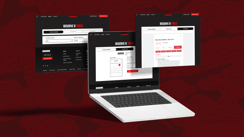 Three laptop screens showing a preview of the Benihana reservations process