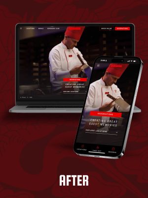 Laptop and mobile mockups of the new Benihana hero section of the homepage