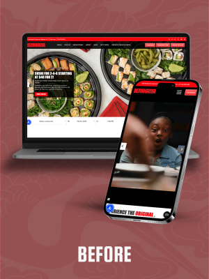 Laptop and mobile mockups of the old Benihana hero section of the homepage