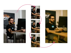 Series of images showing a person at a desk, adjusting posture for better ergonomics, with arrows indicating improvement steps.