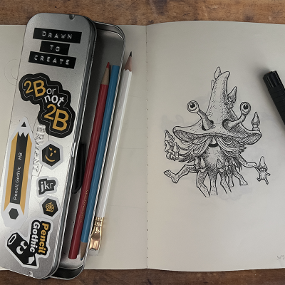 Open sketchbook on a wooden table showing a detailed pen drawing of a fantasy mushroom creature with multiple eyes and tentacles. A metal pencil tin decorated with stickers, coloured pencils, and a black pen are arranged beside the sketchbook.