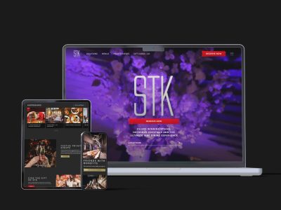 Mockup of a laptop, tablet and mobile phone showing the homepage of the STK website
