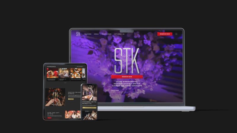 Mockup of a laptop, tablet and mobile phone showing the homepage of the STK website