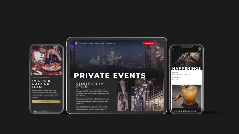 A tablet and 2 mobile phone mockups showing the STK website 'Private Events' page