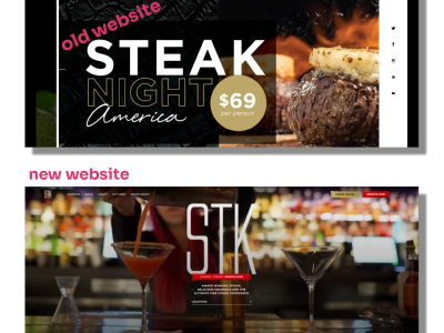STK website: a screenshot of the old STK website with the text 'old website' on top at a slant. Underneath is a screenshot of the new STK website, with the text 'new website' above it.