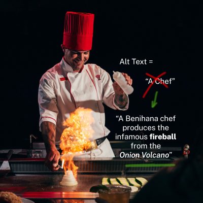 A graphic explaining how Alt Text for an image of a chef, should not say 