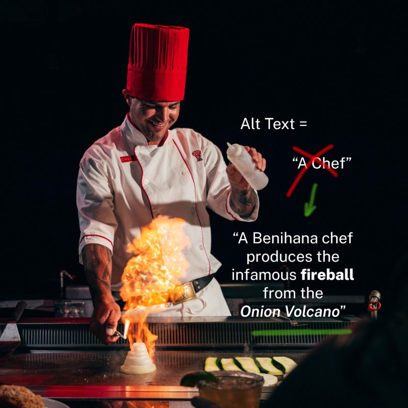 A graphic explaining how Alt Text for an image of a chef, should not say 