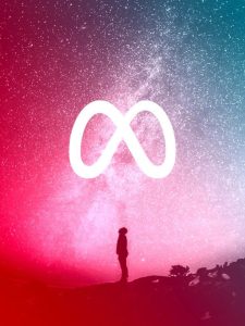 Silhouette of person looking up at a glowing Meta logo in a cosmic pink and purple sky.