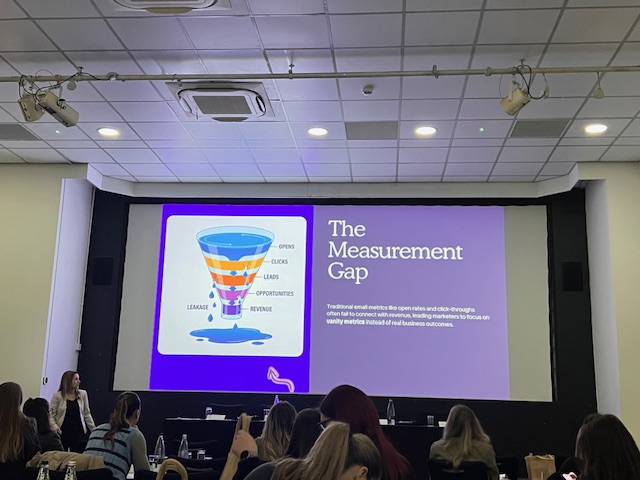 Conference slide titled “The Measurement Gap” with an illustration of a leaky marketing funnel on the left and explanatory text on the right about limitations of traditional email metrics, viewed from the back of a room with people listening