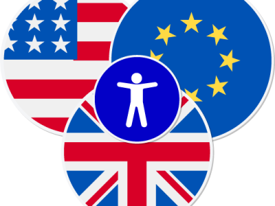 US, EU and UK flag icons sit behind an accessibility icon.