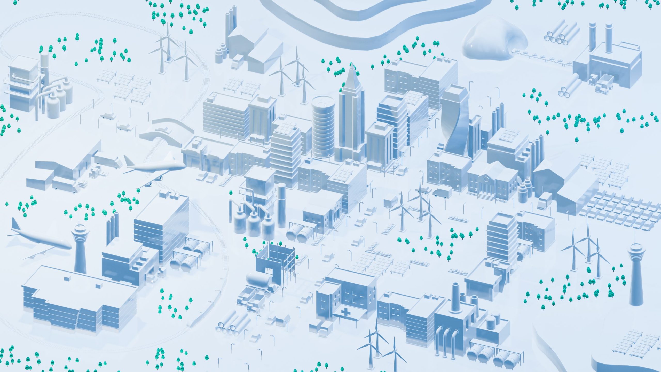 3D render of a cityscape with a minimal aesthetic/