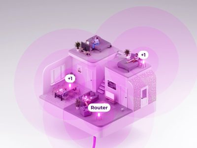 3D render of a small house with pink overlays representing wifi coverage.