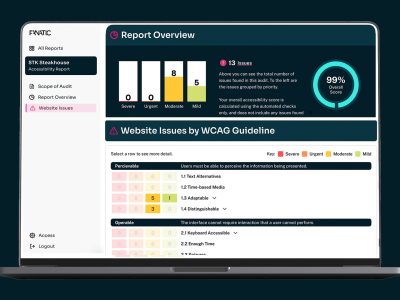 a laptop showing a portion of Fanatic's website accessibility services interface which has sections: report overview (showing number of issues by level of priority) and issues by WCAG guidelines.