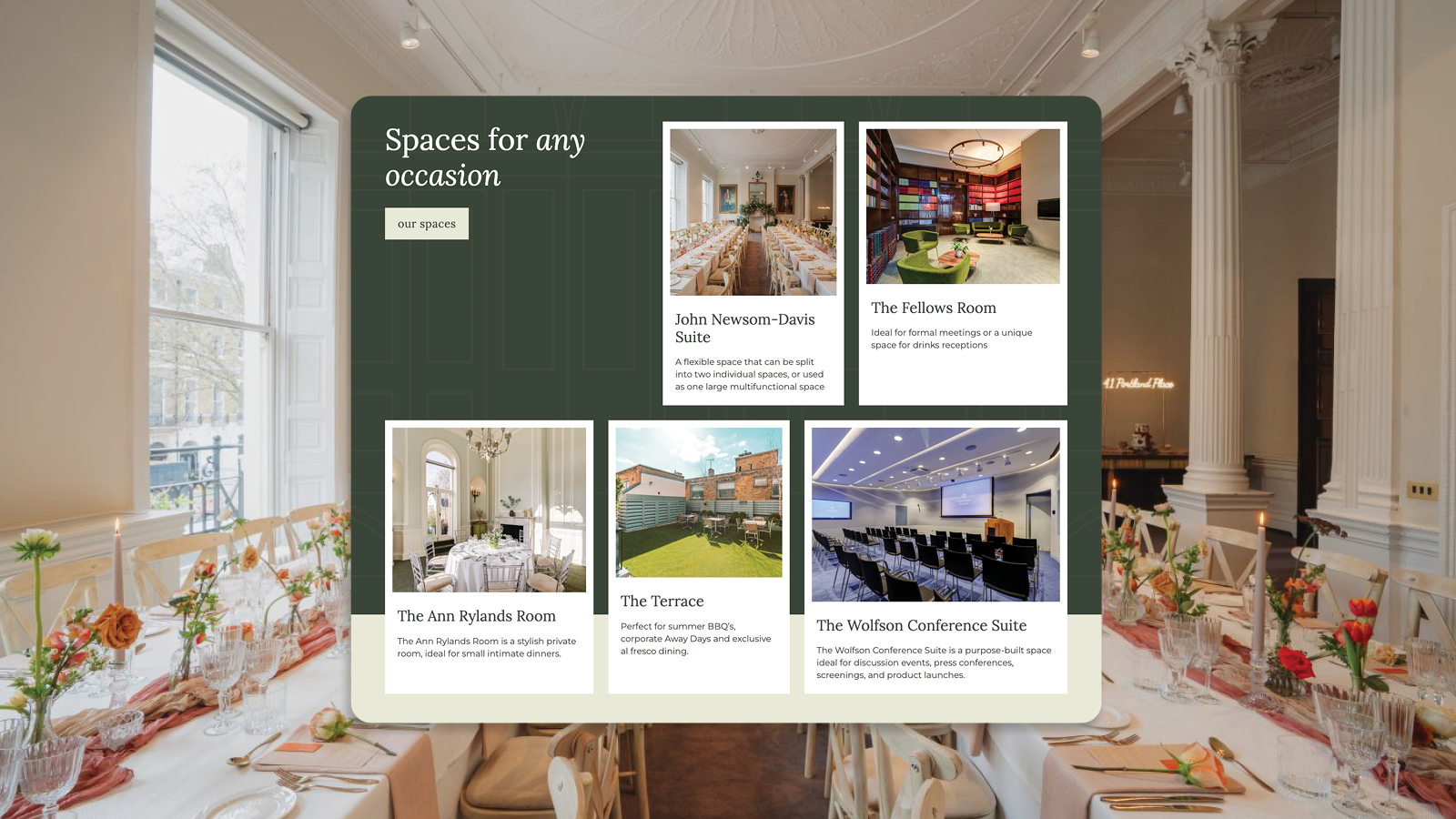Cards row from website displayed over an editorial style photo of a wedding banquet table