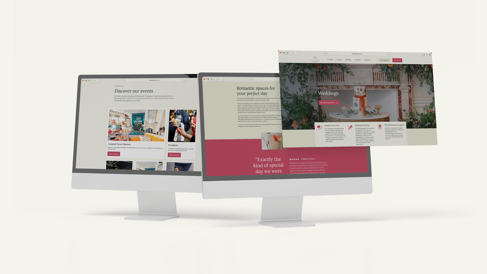 Mockup of pages of the 41 Portland Place website on a iMac