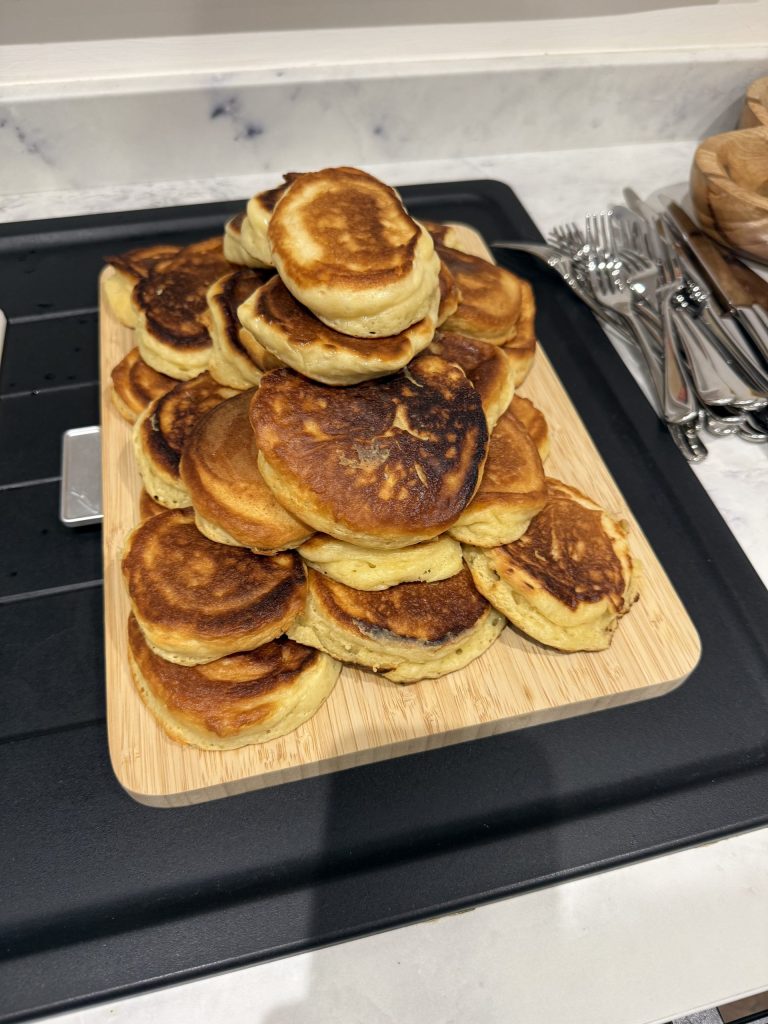 A large stack of pancakes.