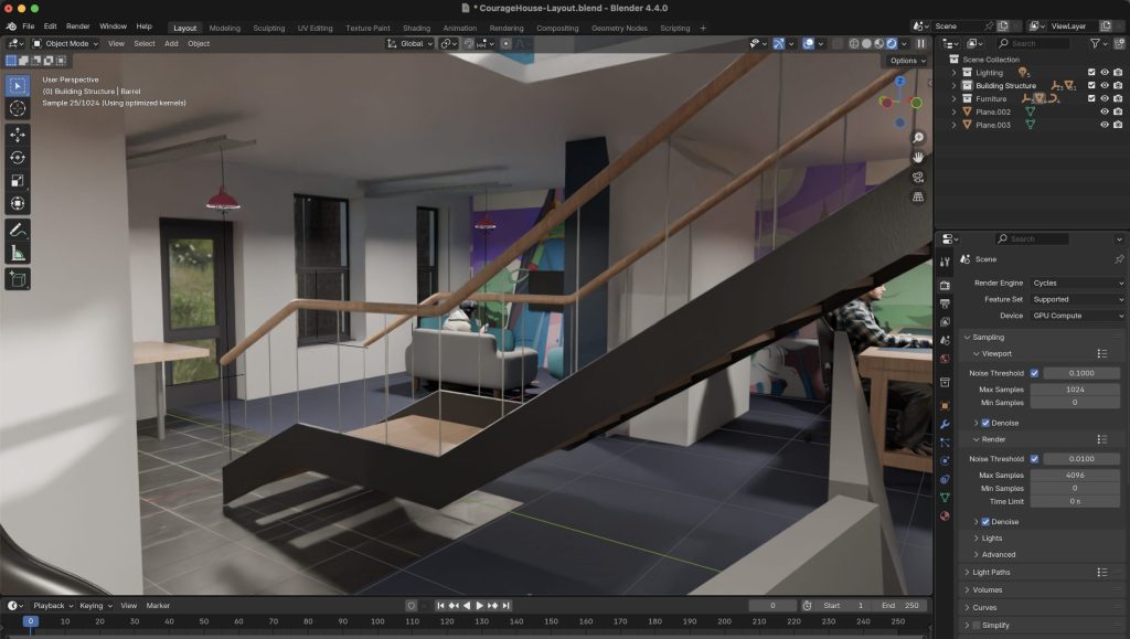 A computer generated close up view of the staircase that will be in the new office.
