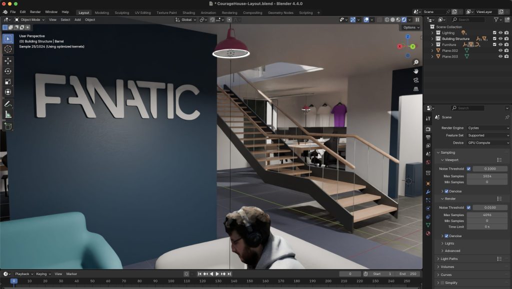 A computer generated view of the first foor interior of the new office. There is a staircase visible along with the Fanatic logo painted onto a dark blue wall.