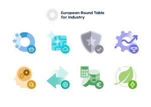 A grid of nine colourful flat icons representing digital and economic themes for the European Roundtable for Industry: shopping cart with EU stars, shining microchip, cloud computing, shield with star and checkmark, upward trending gear, brain gear, globe with arrow, calculator with euro, recycling energy bolt.