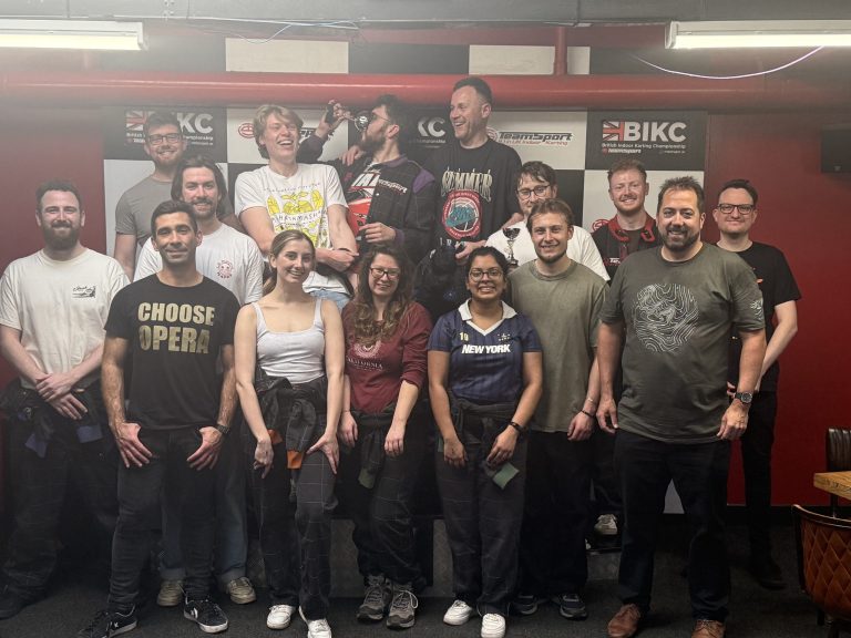 The Fanatic team gathered in front of the podium at TeamSport Go Karting