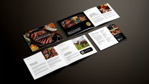Collection of Hawksmoor concierge brochure spreads in editorial style, featuring premium steak and food photography and restaurant location details.