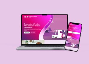 Laptop and smartphone mockup showing the Freedom Truespeed Group website announcing the strategic combination of Truespeed and Freedom Fibre, with a bright pink gradient background and illustrated fibre van graphic.