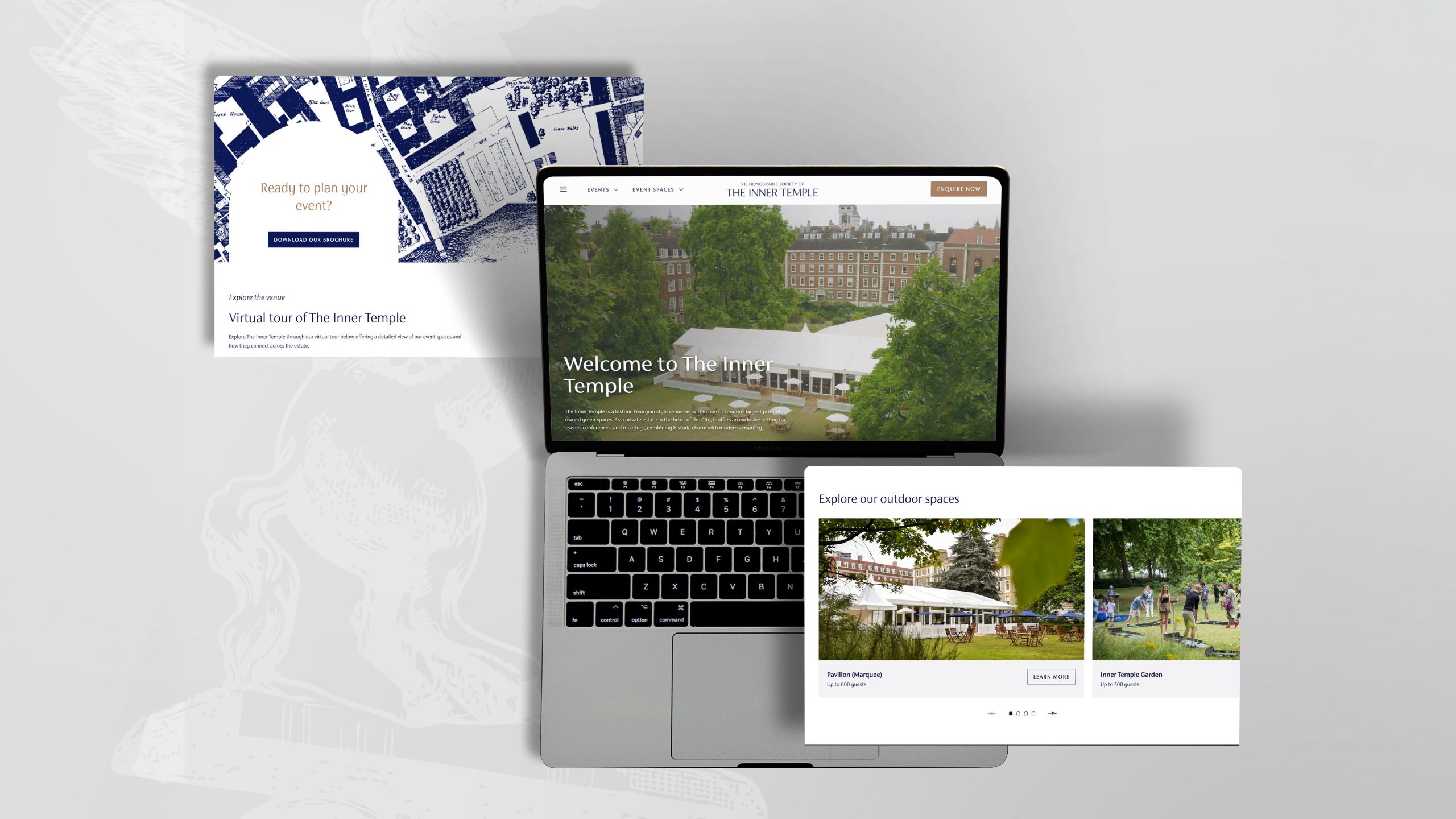 Selection of pages from the Inner Temple Venue Hire website in a laptop mockup
