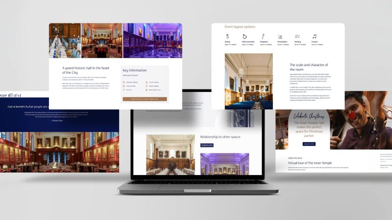 Selection of pages from the Inner Temple Venue Hire website in a laptop mockup