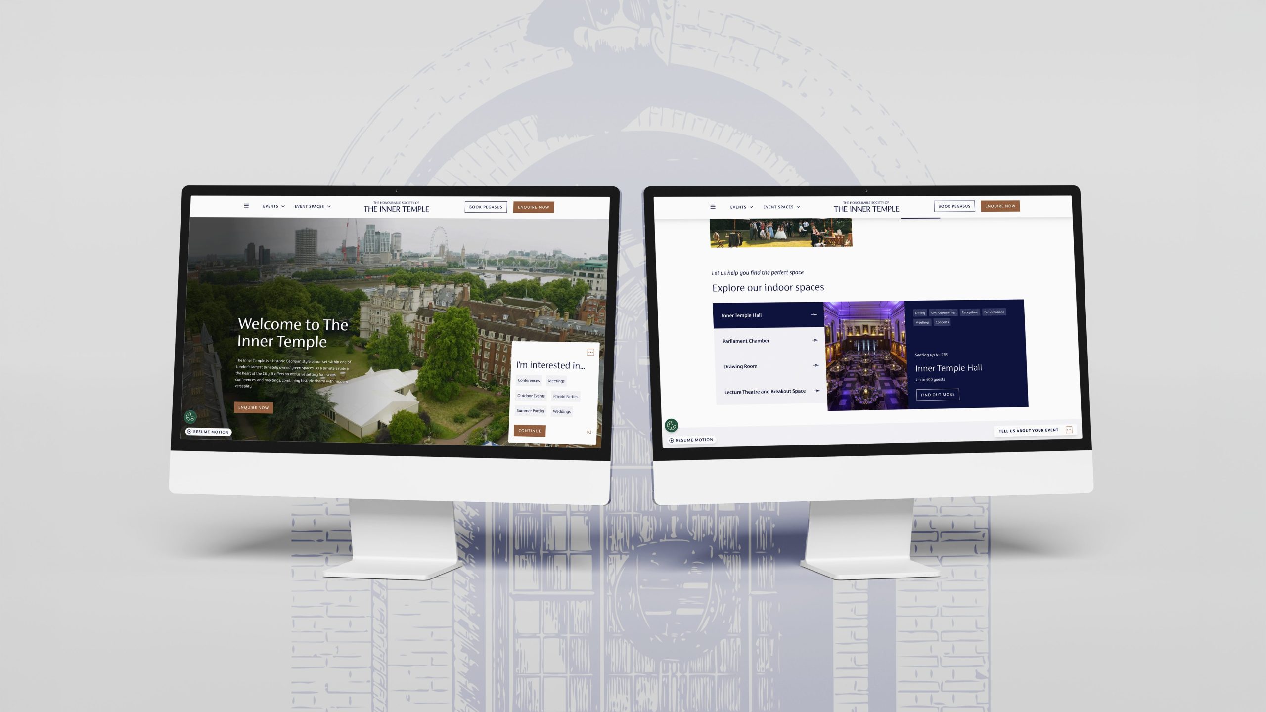 Selection of pages from the Inner Temple Venue Hire website in a iMac mockup