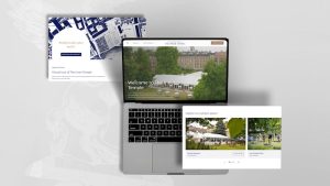 Inner Temple Venue Hire website shown on laptop, displaying homepage with aerial view of temple grounds and white marquee. There are two other Inner Temple pages photoshopped in next to the laptop either side.