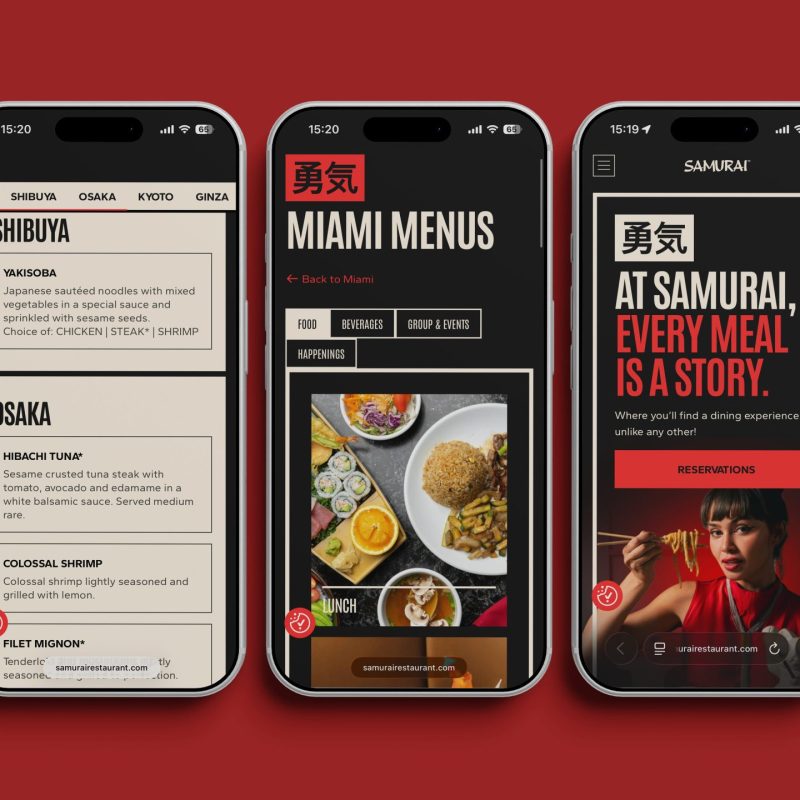 Selection of pages from the Samurai website in a mobile mockup