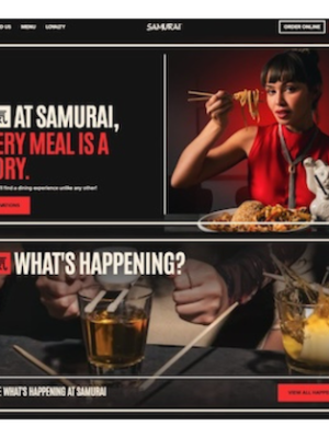 Homepage design for Samurai restaurant featuring Japanese-inspired dishes including noodles, fried rice and Asian small plates. The website showcases vibrant food photography, cocktails and immersive dining experiences with bold, modern branding.
