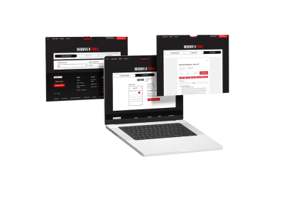Laptop displaying an online restaurant reservation system with multiple booking screens shown in the background. The interface highlights location selection, date booking and reservation confirmation features.