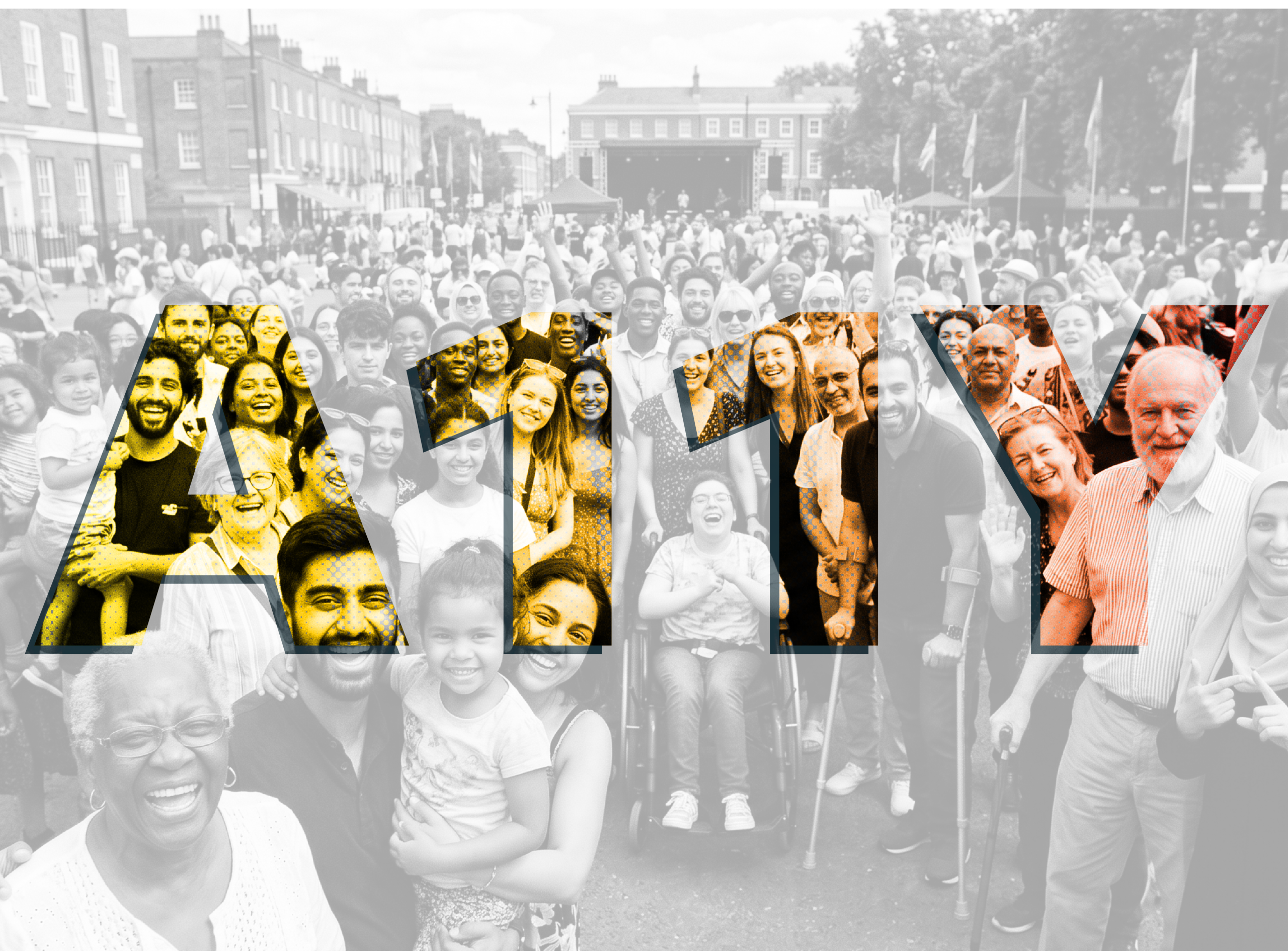 a diverse crowd of smiling people, "A11y" text overlayed on top.