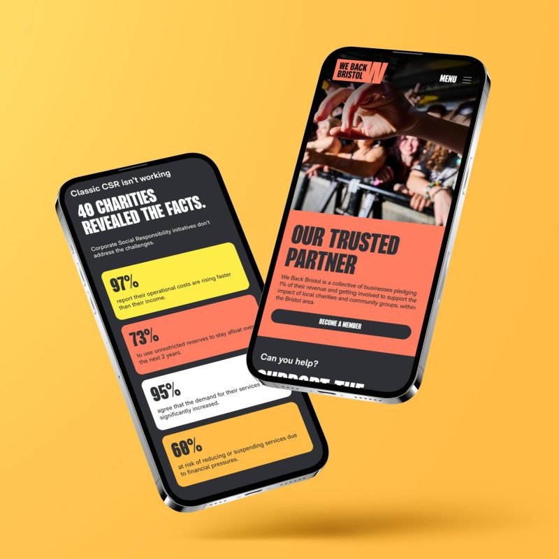Two mobile phone mockups with the We Back Bristol website on a yellow background