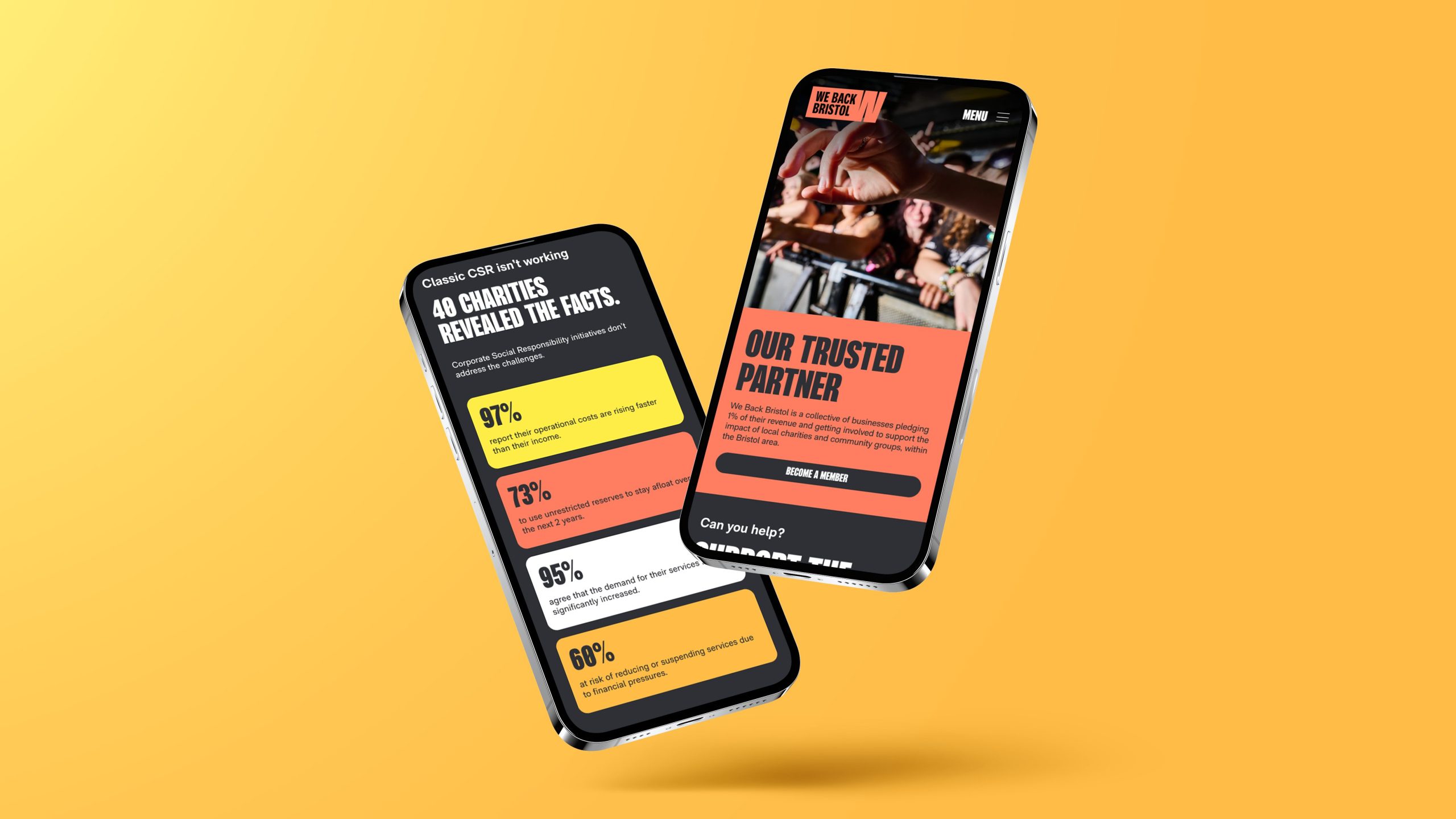 Two mobile phone mockups with the We Back Bristol website on a yellow background