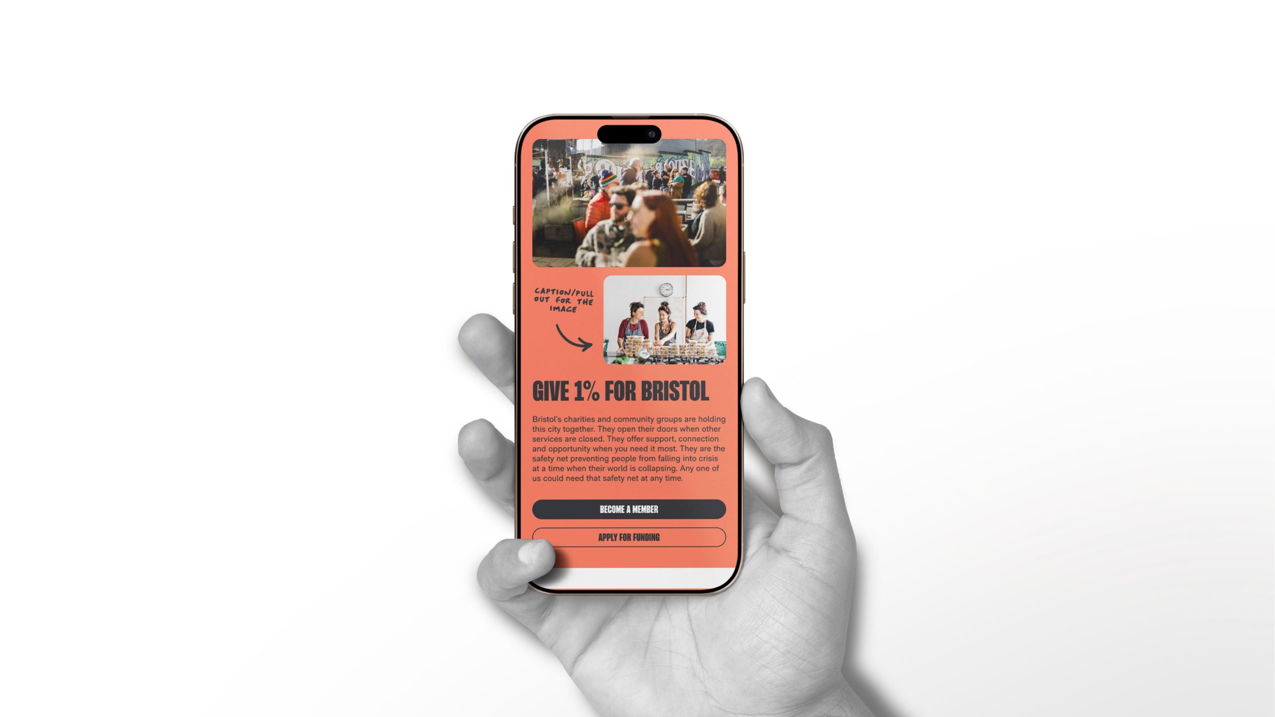 Hand holding phone displaying WBB website