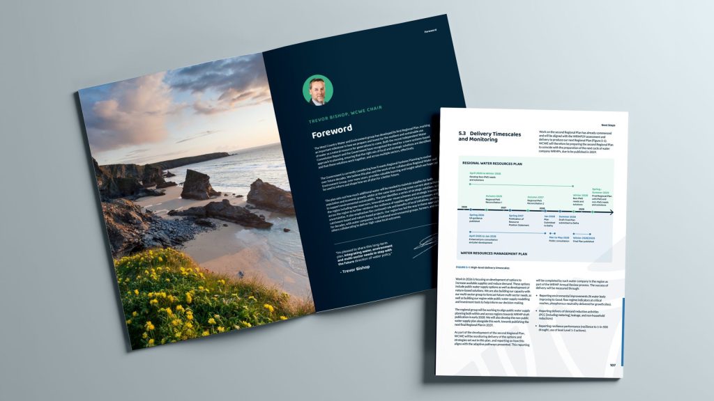 Open report mockup and closed cover for the West Country Water and Environment Regional Water Resources Plan 2026 on a dark background.
