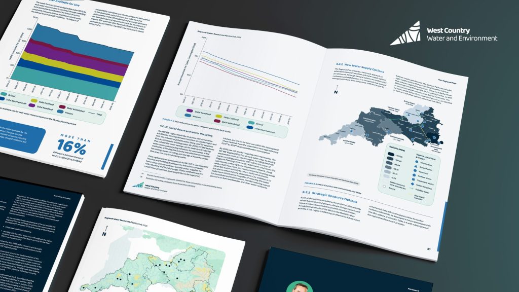Open report spread showing charts, tables, and water demand visuals from the West Country Water and Environment Regional Water Resources Plan 2026.