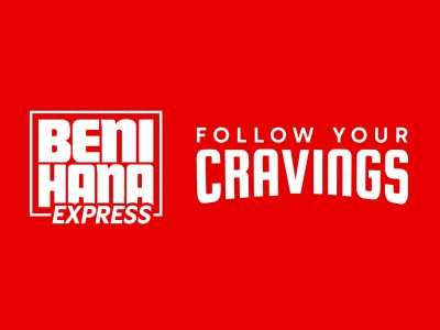 Benihana logo and slogan lockup on red