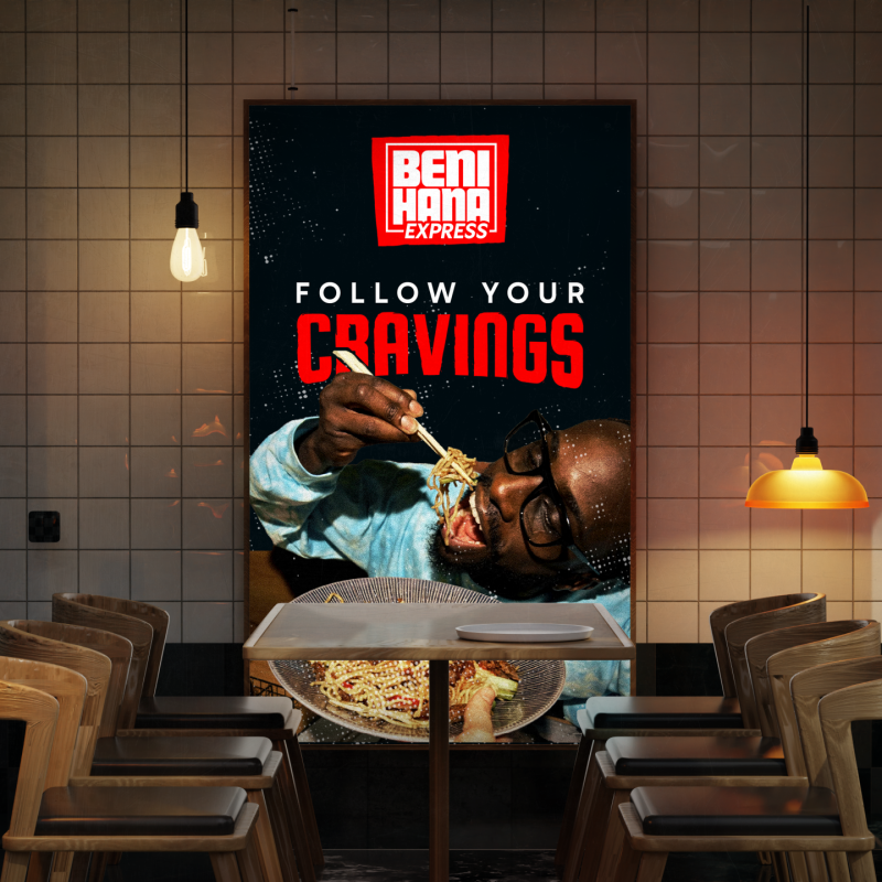 Illuminated Benihana Express sign in a restaurant setting