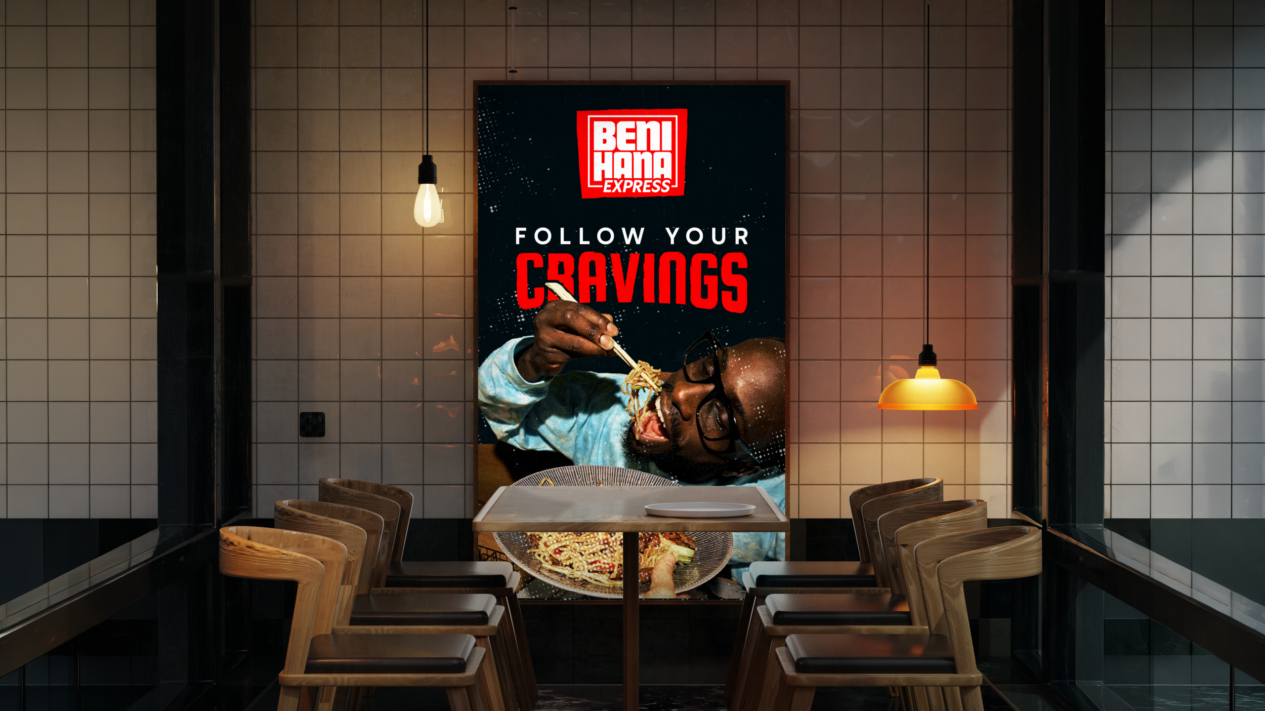 Illuminated Benihana Express sign in a restaurant setting