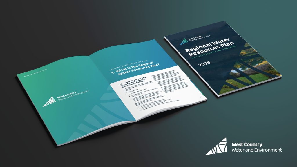 Open report mockup showing a coastal landscape spread alongside a foreword page and a delivery timeline for the Regional Water Resources Plan.