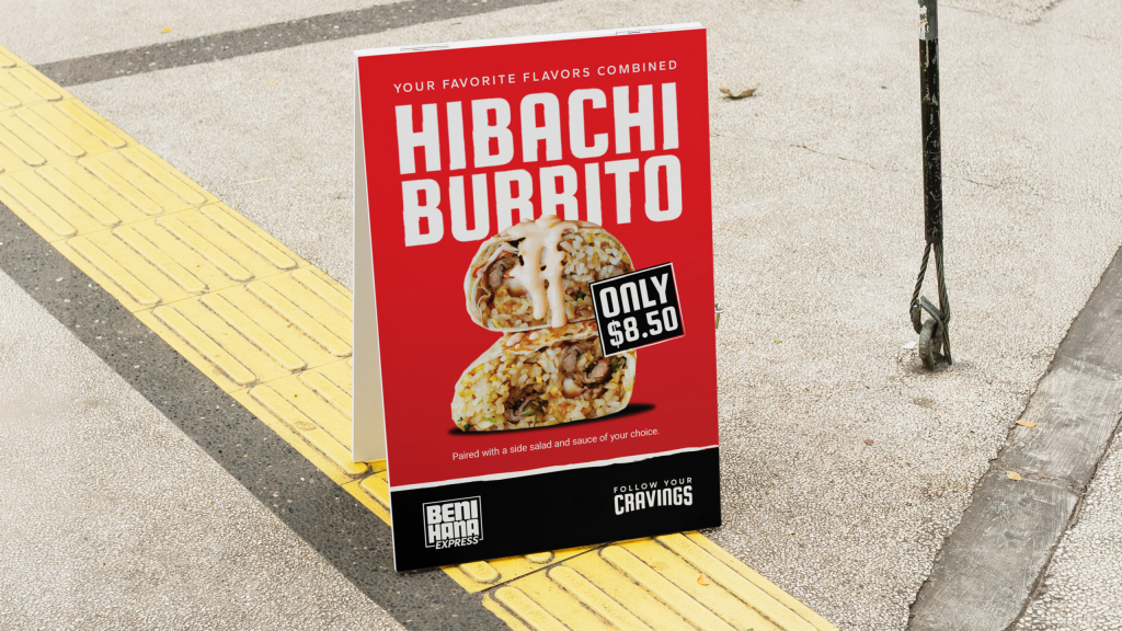 A street sign that shows a Benihana Express product advert for a Hibachi Burrito