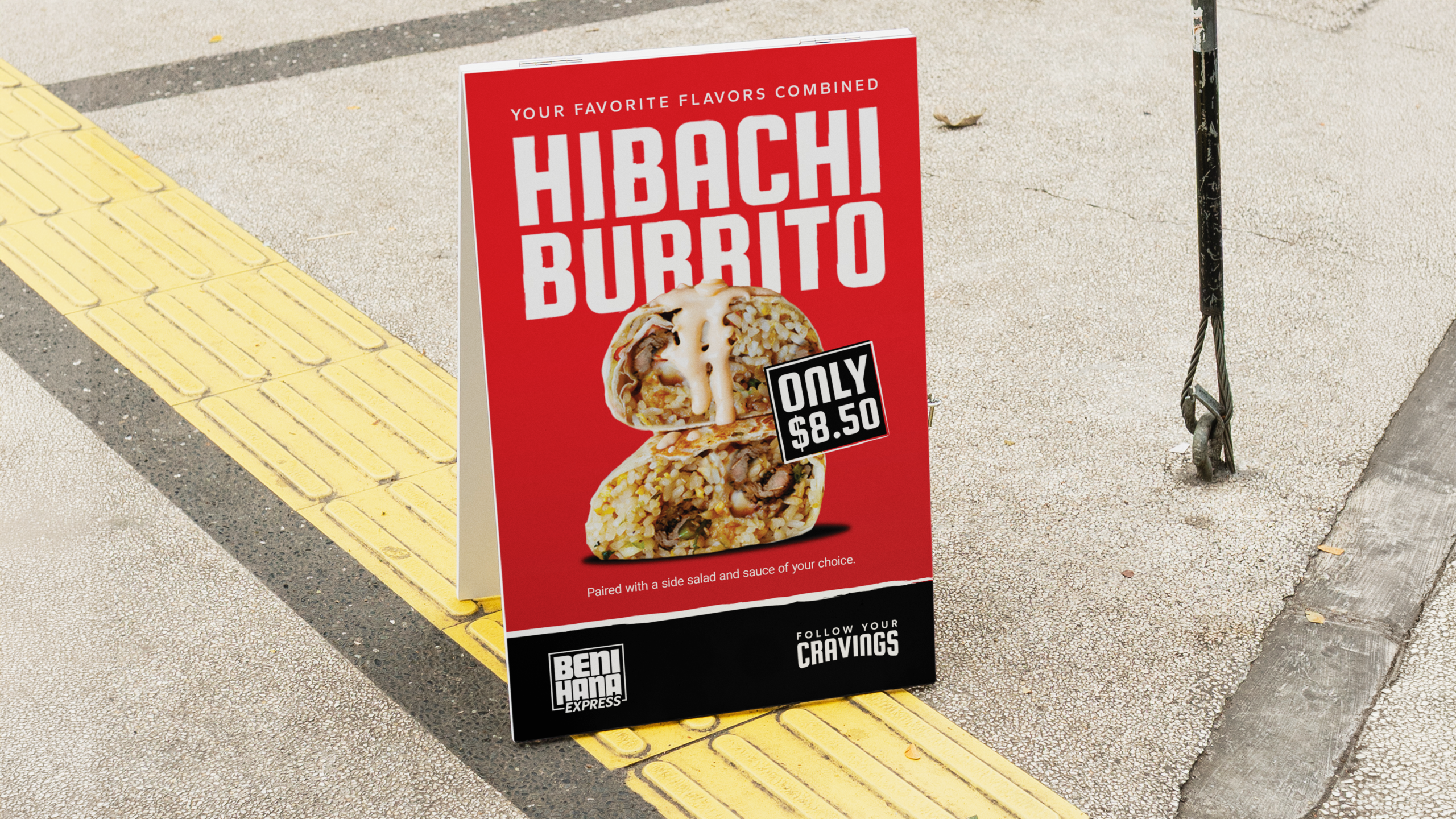 A street sign that shows a Benihana Express product advert for a Hibachi Burrito