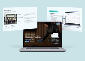 Laptop displaying the Peartree Cleaning Services homepage, framed by website pages about the company and the Peartree 360 cleaning-management platform.
